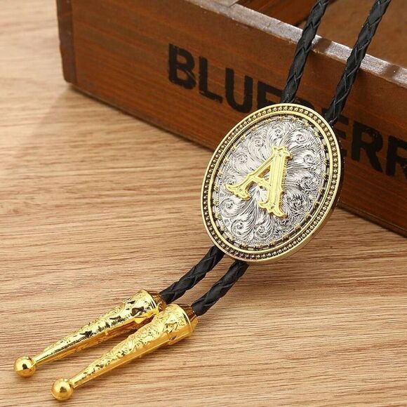 Bolo Tie Initial A Mens Casual Western Cowboy Gold And Silver Accessory New - Picture 3 of 5